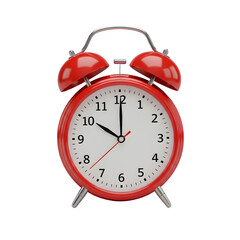A classic red twin-bell alarm clock with a white face and black numbers transparent background