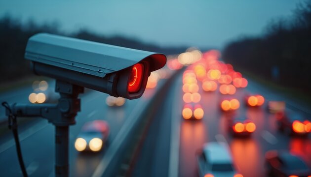 Surveillance camera on expressway monitors vehicle movement at night. Red glowing lens watches passing cars. Fast traffic creates bright bokeh on wet street. Digital security tech manages busy