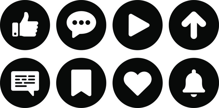 Set of Social Media Engagement Icons: Like, Comment, Play, Share, Save, Heart, and Notification Bell, for Web and Digital Marketing