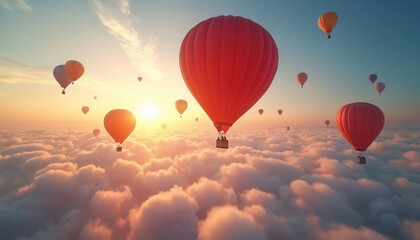 Obraz premium Aerial view shows hot air balloons floating above clouds. Various colors of balloons rise in the sky. Sunrise lights the scene giving warm colors.