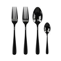 A set of four polished black metal cutlery items two forks and two spoons, arranged on a transparent background