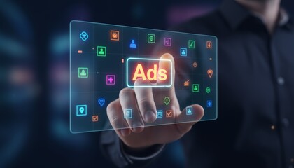 Hand interacting with a transparent holographic screen displaying the word ads highlighting the concept of digital advertising, online marketing, and innovative technology