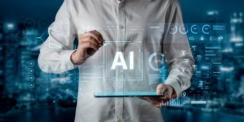 A futuristic AI dashboard for business intelligence. This platform showcases advanced data analytics, processing complex information into visual charts and graphs for strategic insights. Fermion