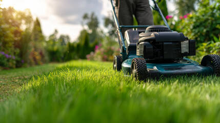 Fototapeta premium Professional maintenance garden scene with lawn care using push mower on bright green grass in sunny backyard