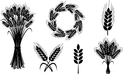 Fototapeta premium Wheat ears bundle and wreath simple black silhouette vector design elements for agriculture and harvest themes
