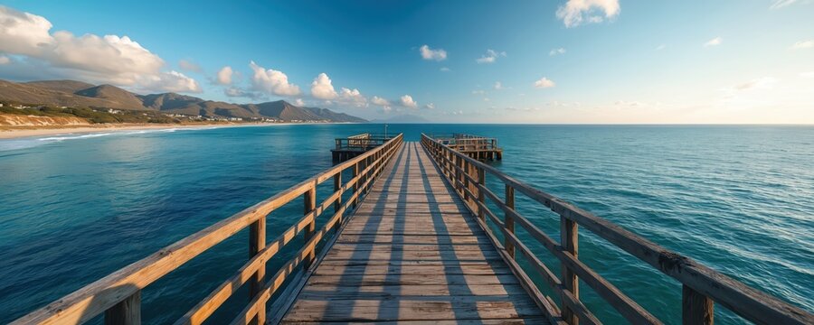 Wooden pier extends over calm blue ocean water towards distant mountains and beach. Bright sunny day with light clouds. Scenic sea landscape perspective, coastal view.