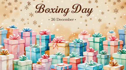 Watercolor boxing day illustration with many gifts and snowflake background design, 8k image