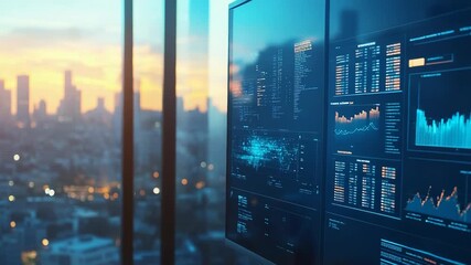 Financial data analytics charts overlooking sunset cityscape - Powered by Adobe