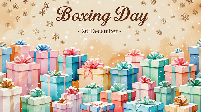 Watercolor boxing day illustration with many gifts and snowflake background design, 8k image