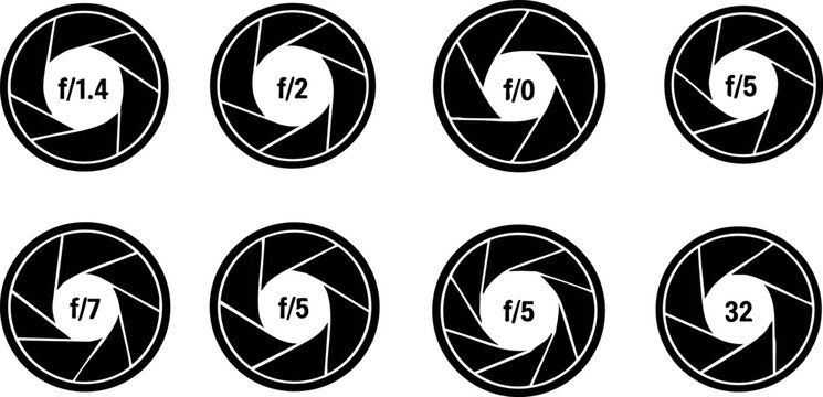 Camera Aperture Icons Set Showing Various F Numbers and Shutter Blades Vector Illustration for Photography Concepts