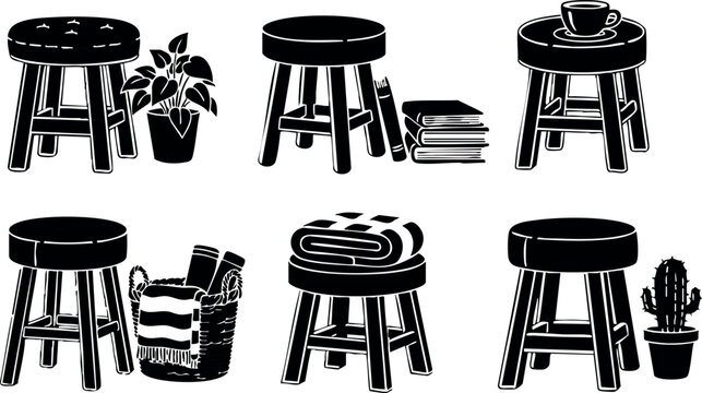 Rustic wooden stools with decorative plants and books vector set in black silhouette style