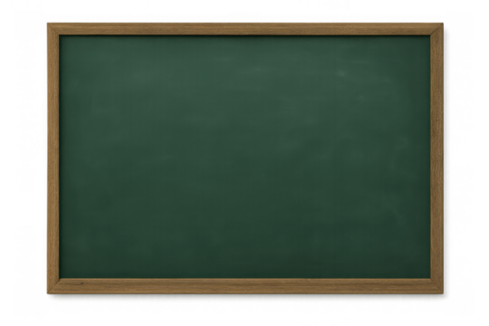 Empty green chalkboard with wooden frame providing a clear surface for writing lessons or messages, transparent background