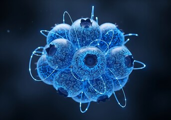 Futuristic blueberries adorned with circuit patterns and illuminated connections suggesting a novel concept