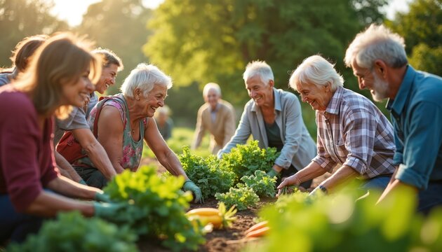 Seniors happily work together in community garden planting fresh vegetables, lettuce. Elderly people smile, bond, share joy gardening outdoors. Mature adults connect with nature, promoting healthy, - Powered by Adobe