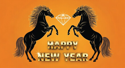 A illustration features two black horses rearing up, with a diamond above the words Happy New Year. The background is orange, creating a festive atmosphere.