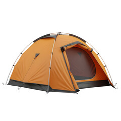 A bright orange dome tent with a mesh window and dark gray accents, isolated on a transparent background