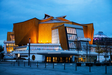 beautifully illuminated Berlin Philharmonic Hall in the evening. A journey through Europe.
