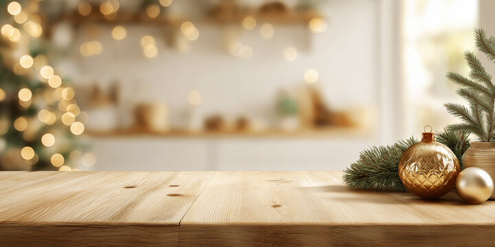 
 
Christmas kitchen decor and copy space. Rustic cuisine at Christmas. Details of scandinavian cuisine in bronze color. Kitchen island table