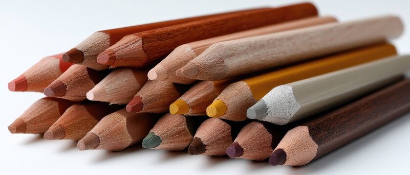 Close-up view of colorful colored pencil tips arranged on a white background for creative drawing projects