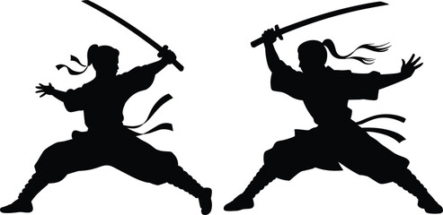 Two Martial Arts Warriors in Dynamic Fighting Stance with Katana Swords, Representing Battle, Asian Culture, Samurai, and Ninja Combat © MdMajnur
