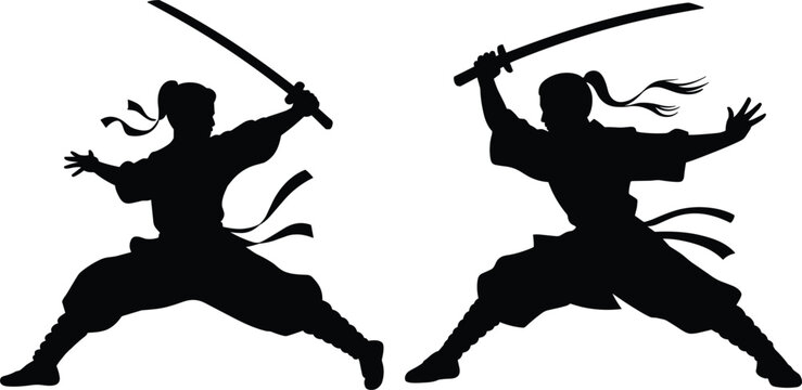 Two Martial Arts Warriors in Dynamic Fighting Stance with Katana Swords, Representing Battle, Asian Culture, Samurai, and Ninja Combat
