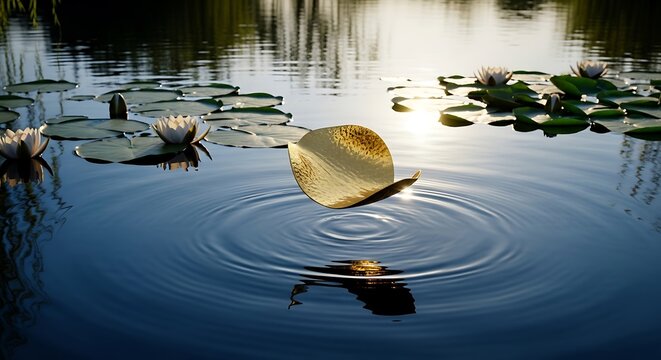 Golden leaf falling creating ripples in a tranquil pond with water lilies at dawn