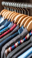 Young man displays a stylish collection of shirts and ties organized neatly on hangers in a wardrobe