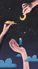 Modern space poster. Child astronaut standing on helping hand under drawn constellations. Concept...