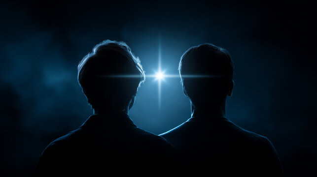 Silhouettes of two people standing side by side facing a bright star in a dark, misty night sky with blue tones - Powered by Adobe