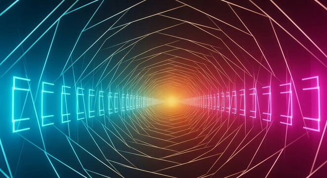 Abstract view of a geometric tunnel with glowing lines in blue, orange, and pink, representing a path or journey into the future or digital world