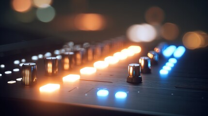 Club event themed music mixer close-up with vibrant lighting on glowing controls