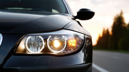 Black family vehicle parked on a highway rest area in France at sunset with headlights illuminated