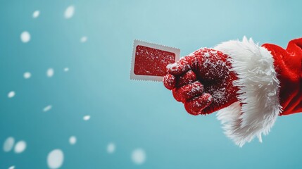 Santa's Hand with Movie Tickets on Light Blue Background