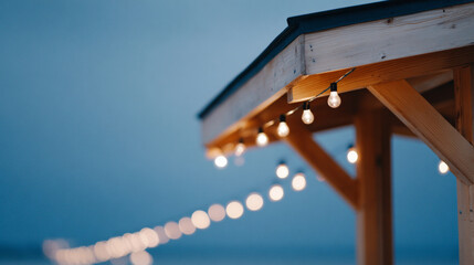 Close-up of warm glowing string lights hanging from wooden pergola structure during twilight with blurred background
