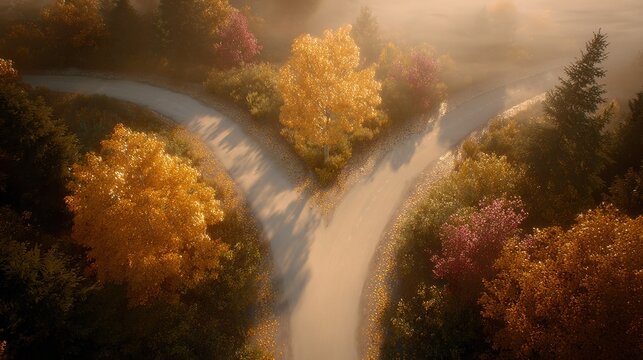 Aerial composition of autumn forked road for visual storytelling, golden-red frame and soft mist