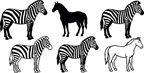 Naklejka premium Silhouettes and Outlines of Zebras and Horses in Black and White Vector Art for Wildlife and Nature Designs