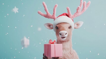 Festive Santa Reindeer with Pastel Christmas Present
