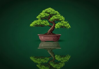 Meticulously Crafted Bonsai Tree Illustration with Realistic Reflection and Serene Green Background Displaying