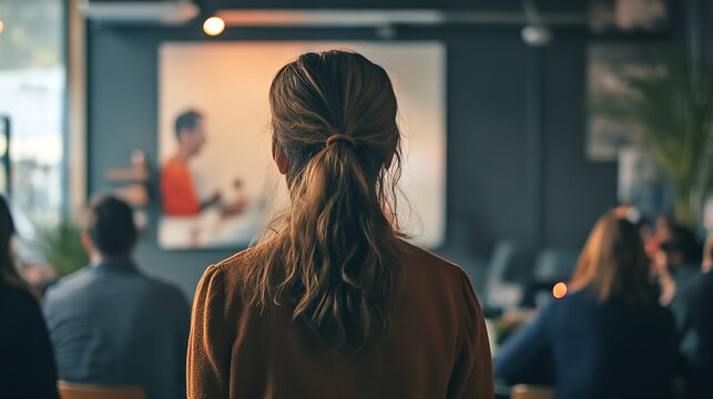 Woman attending a business presentation and listening to the speaker in a modern conference room - Powered by Adobe