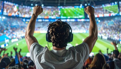 Intense Focus - Gamer Immersed in Virtual World with Stadium Backdrop.
