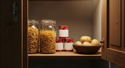 Organized Kitchen Cabinet with Pasta Jars, Canned Food, and Potatoes