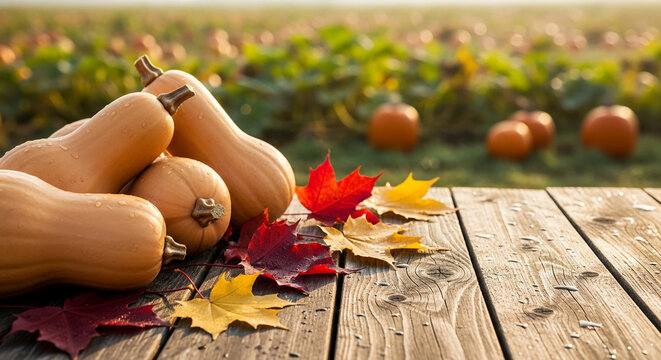 Group of tan squashes and colorful leaves on aged wood planks, representing autumnal harvest and seasonal abundance, ideal for food and nature themes - Powered by Adobe