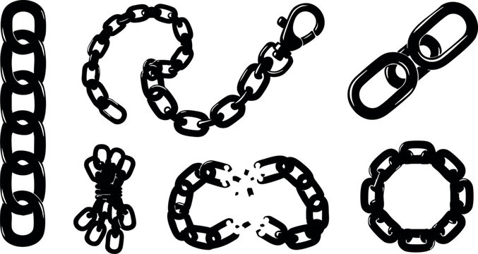 Various chain link designs black silhouette vector set with broken and circular chain elements for graphic use