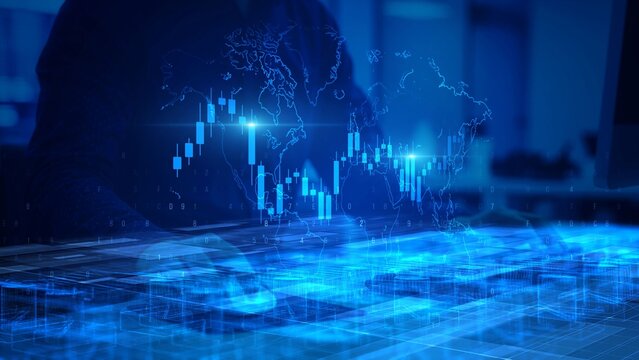 Digital Global Finance Market Concept with Blue Graphs and World Map Background