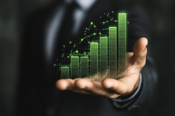 Businessman holding a bar graph in his hand. Retro image of businessman holding a hand-drawn bar graph in his hand with a single elevated green bar which he is touching and activating with his finger 