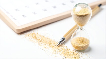 Office productivity tools for time management, close-up of hourglass and grid planner with textures and soft light for presentation
