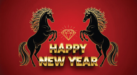 A festive illustration featuring two golden horses facing each other with a diamond above the text "Happy New Year" on a vibrant red background. Perfect for celebrations.