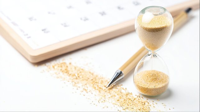 Office productivity tools for time management, close-up of hourglass and grid planner with textures and soft light for presentation