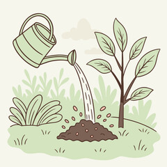 Nurturing growth with care: Watering a young tree sapling for a flourishing future, symbolizing nature, growth, and environmental stewardship