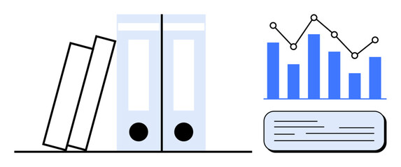 Books and office binders with a bar graph and trend line represent organization, data analysis, statistics, and productivity. Ideal for business, finance, education, reporting, management workflow